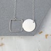 Circle disk & square necklace, modern jewellery, geometric jewellery