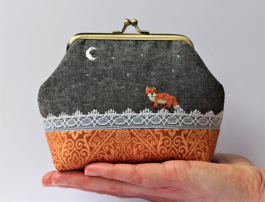 Fox in the Moonlight Embroidered Linen Frame Purse