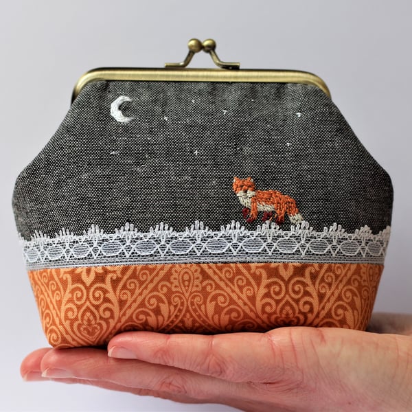 Fox in the Moonlight Embroidered Linen Frame Purse