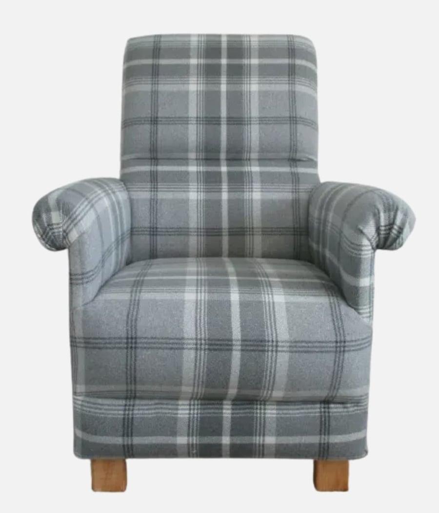 Kids Grey Armchair Balmoral Tartan Check Children's Chair Lounge Bedroom Seat