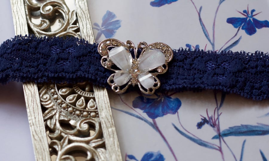 AMBERLEE: Butterfly Navy Wedding Garter. Something Blue. 