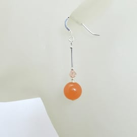 Orange Jade Earrings With Crystals & Sterling Silver