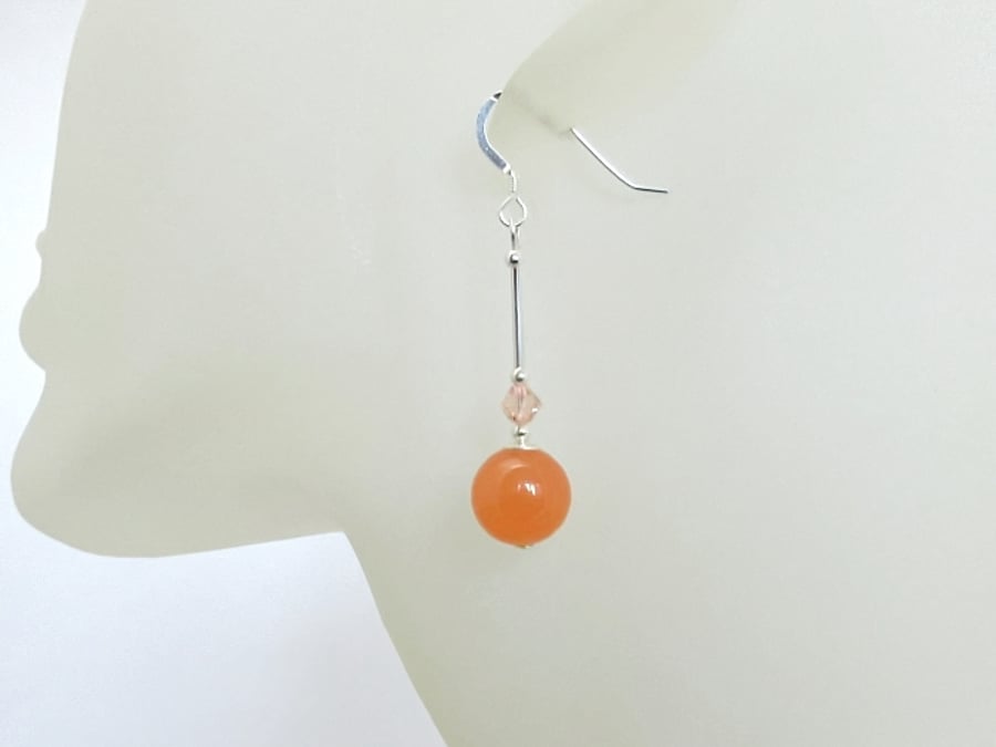 Peach Orange Jade Earrings With Crystals & Sterling Silver