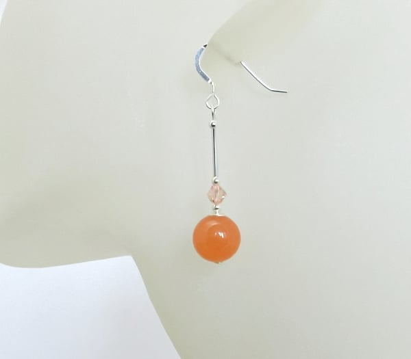 Orange Jade Earrings With Crystals & Sterling Silver