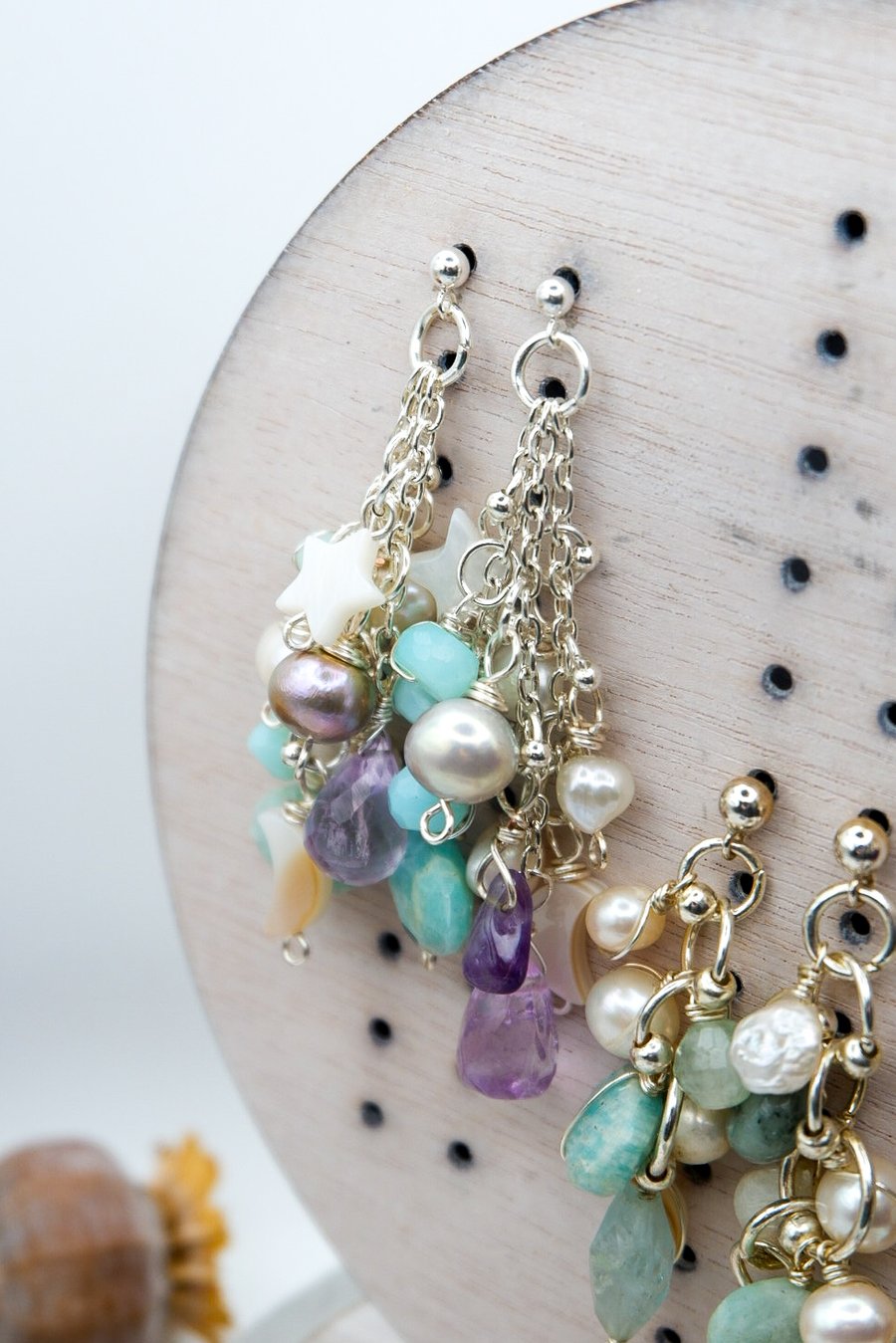 Pearl Earrings - Celestial Blue Amazonite Pink Amethyst Gemstone Earrings, gift