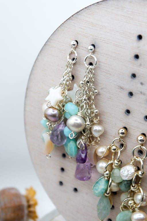 Pearl Earrings - Celestial Blue Amazonite Pink Amethyst Gemstone Earrings, gift