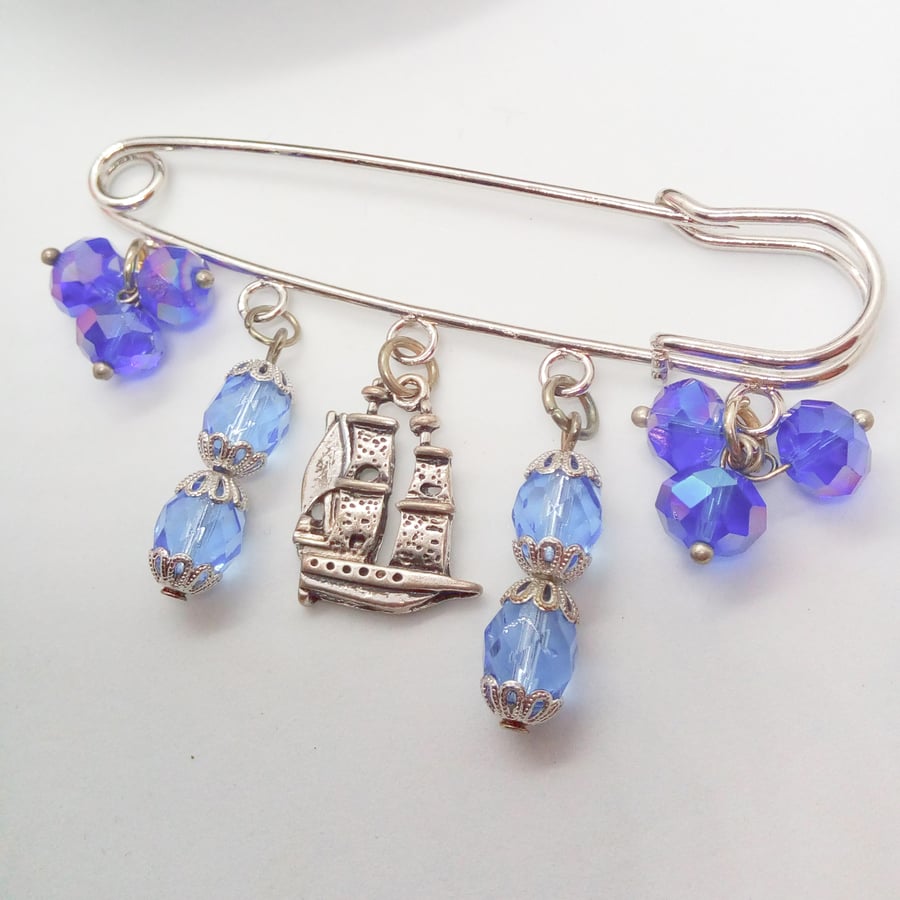 Kilt Pin Brooch with Blue Crystal Charms and Silver Plated Ship Charm 