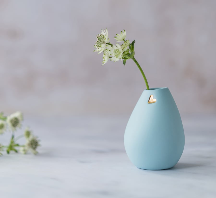 Small Pastel Blue Bud Vase with a Gold Embossed Heart