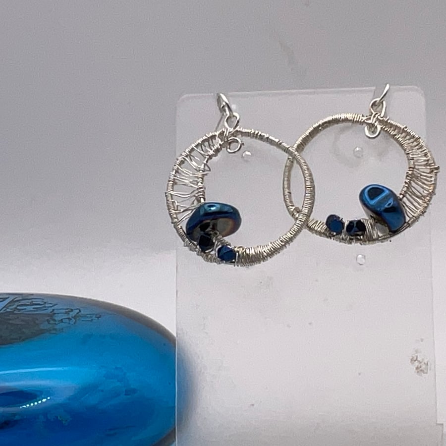 Sparkling midnight blue drop hoop earrings