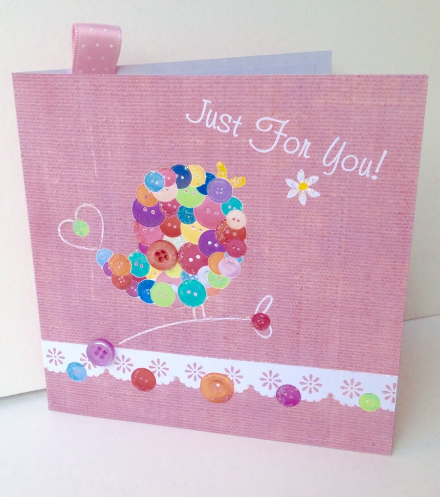 SALE Birthday Card,'Button Love Bird,Printed, Personalised