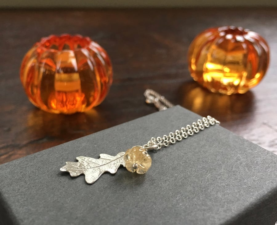 Citrine pumpkin sterling silver leaf necklace