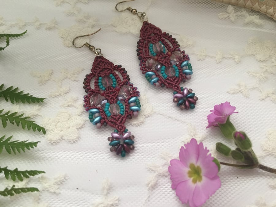 Beautiful Delicate Macrame Beaded Earrings, lace, gift boho girl