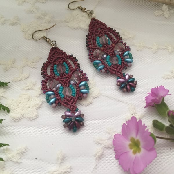 Beautiful Delicate Macrame Beaded Earrings, lace, gift boho girl