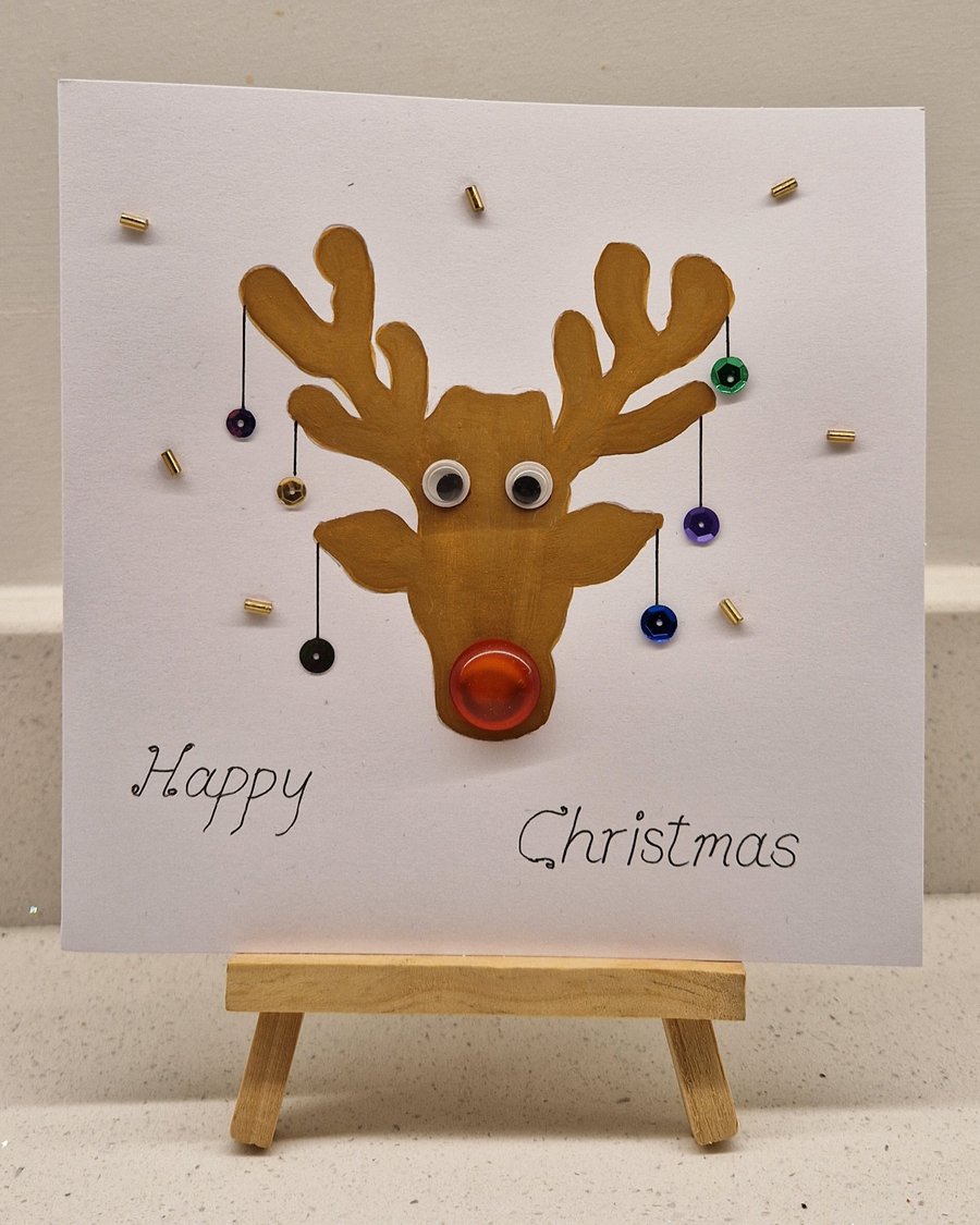 Reindeer Rudolph sequin bauble Christmas card watercolour & sequins handmade