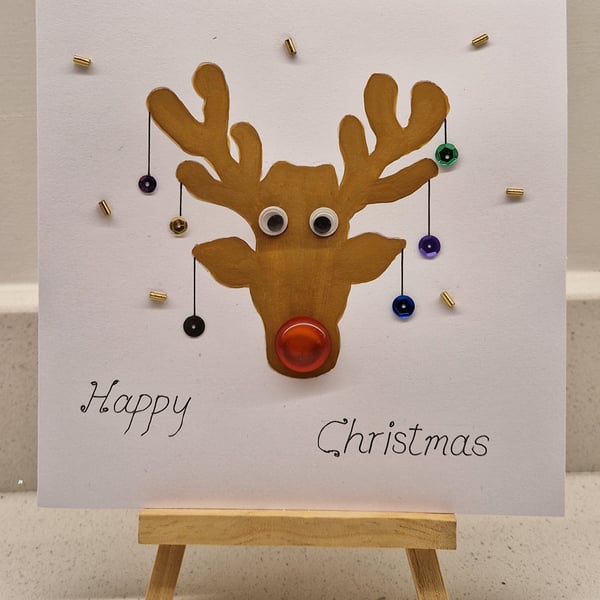 Reindeer Rudolph sequin bauble Christmas card watercolour & sequins handmade