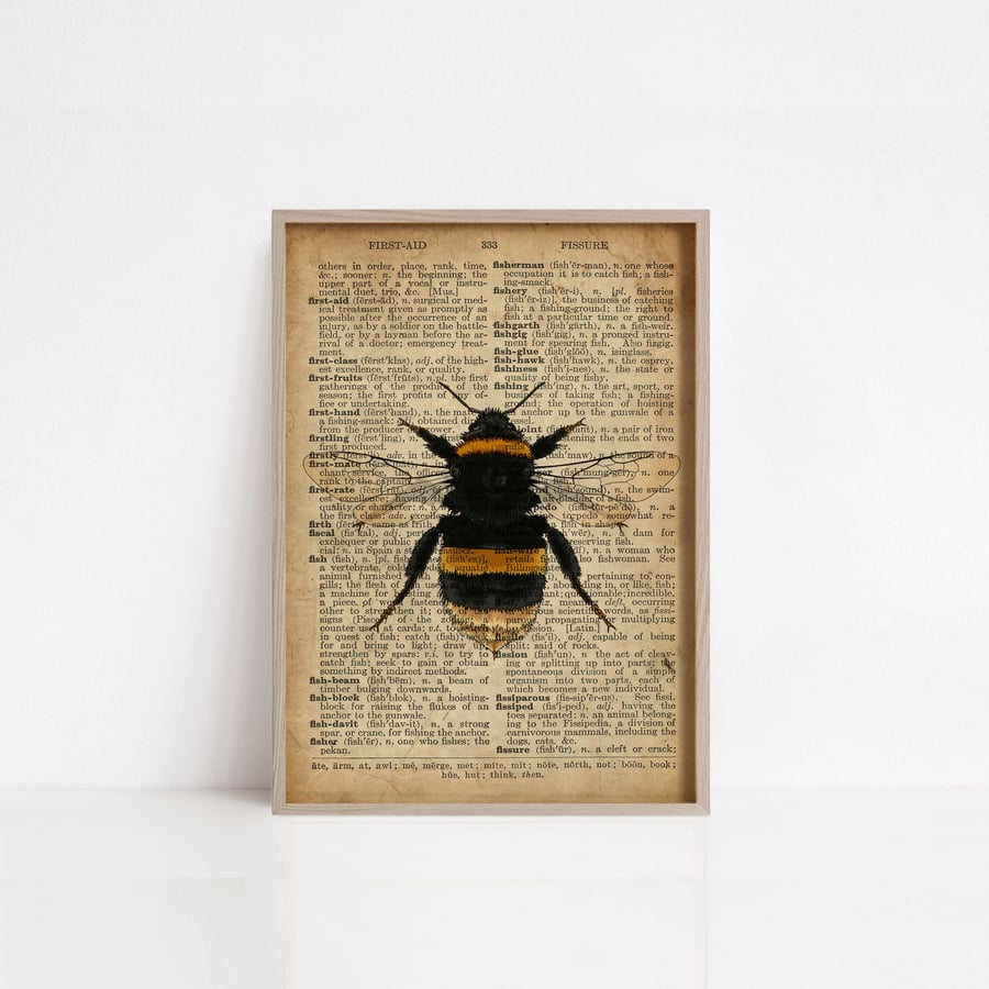 Bumble Bee on old dictionary page print
