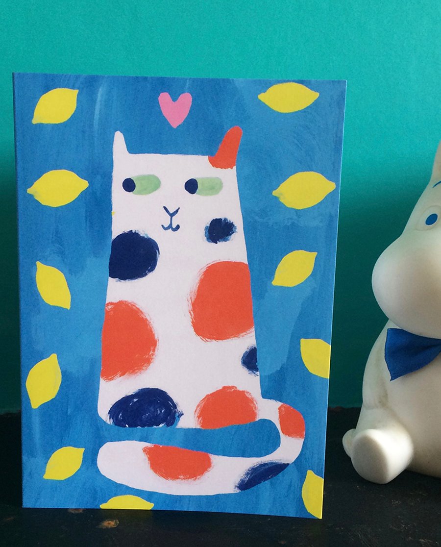 Lemon Cat blank card by Jo Brown - fruity