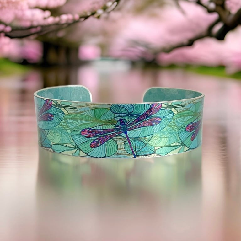 Dragonfly cuff bracelet, personalised teal green insect jewellery. B101