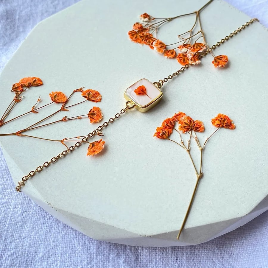 Pressed Orange Gypsophila Bracelet in Gold