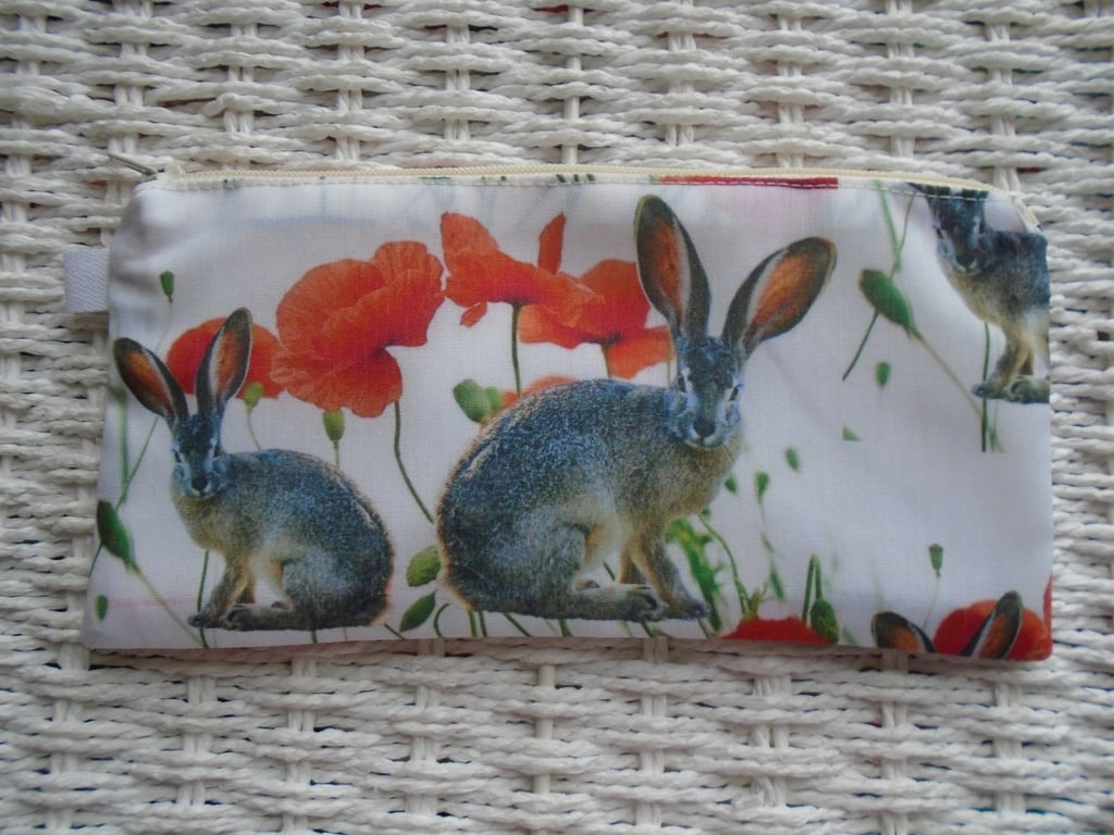 Hares & Poppies Pencil Case or Small Make Up Bag.