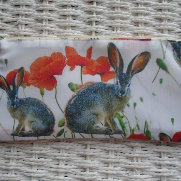 Hares & Poppies Pencil Case or Small Make Up Bag.
