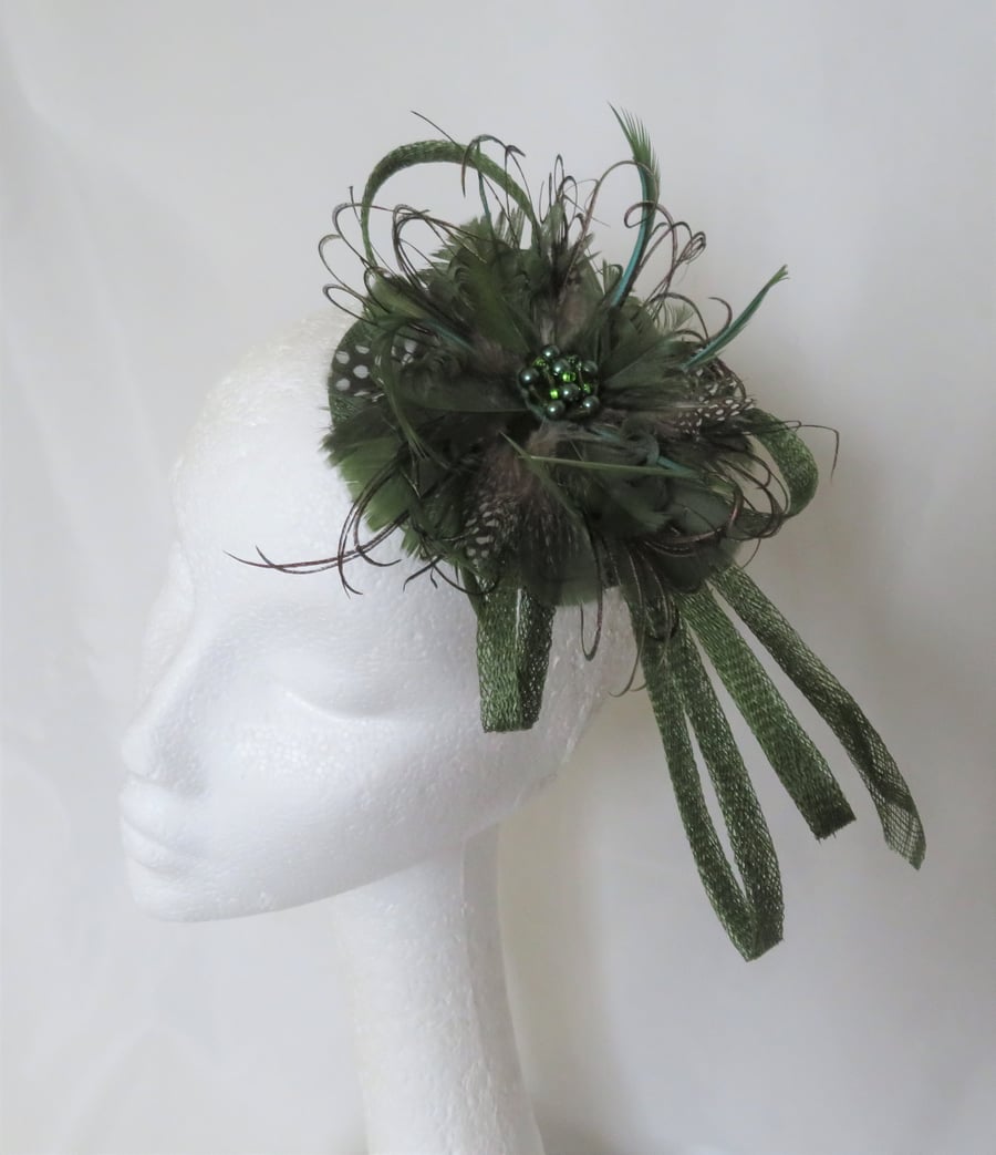 Olive Moss Green Feather Flower & Sinamay Loop Rustic Fascinator Hat