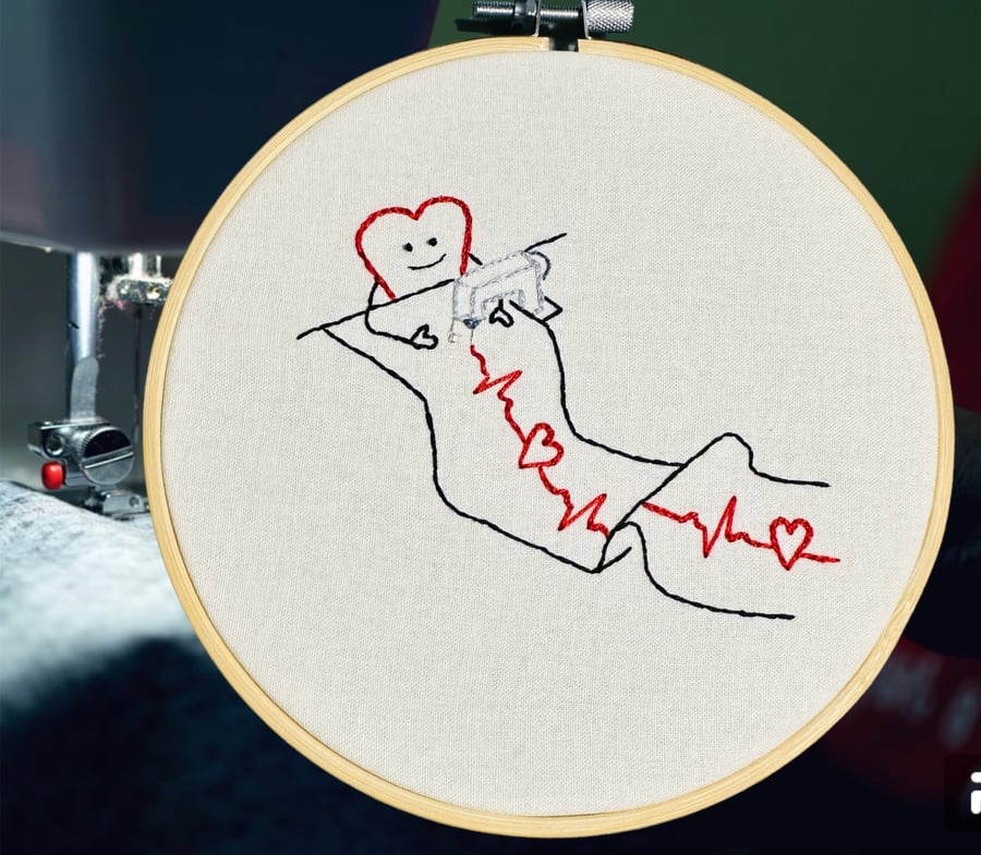 Expressive embroidered hoop "when sewing is your lifeline" heartbeat, heart, sew