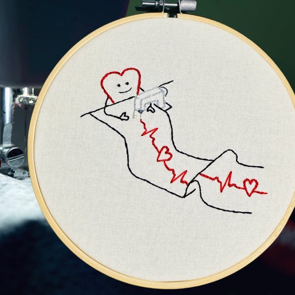 Expressive embroidered hoop "when sewing is your lifeline" heartbeat, heart, sew
