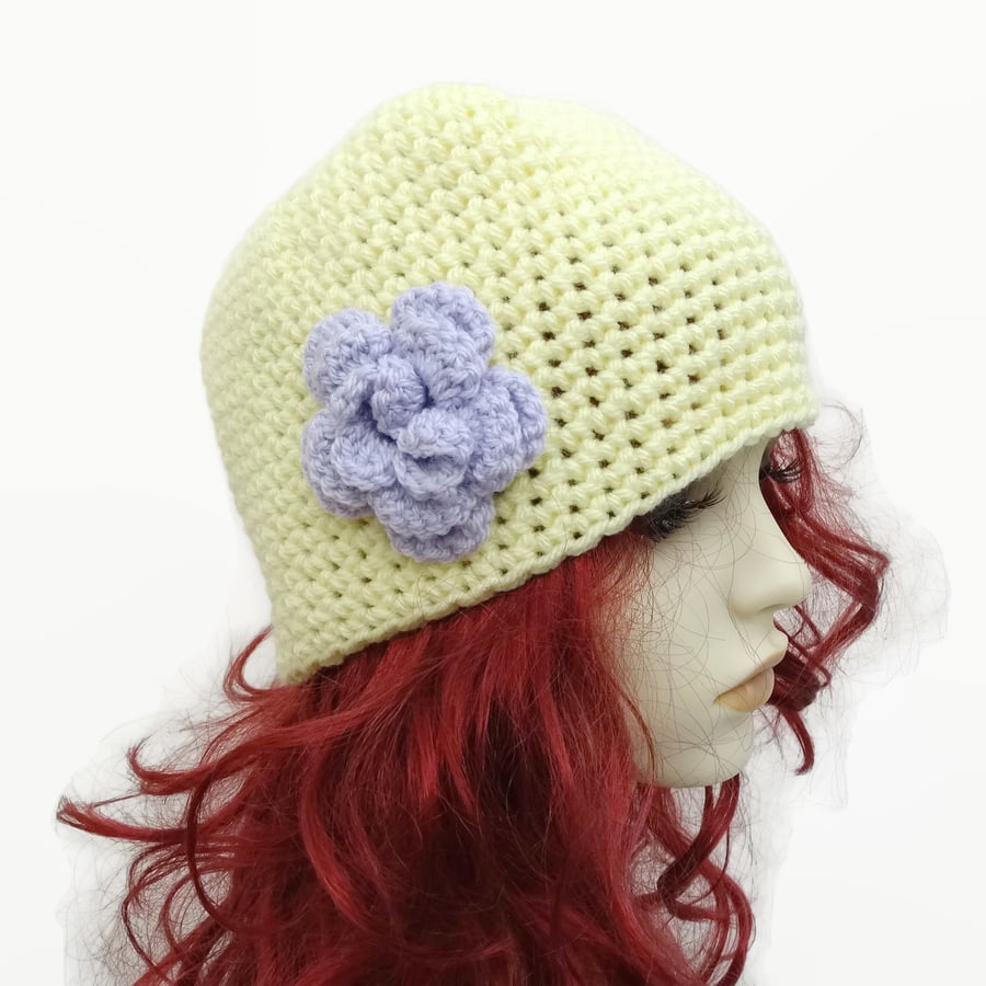 Adult Crochet Hat with Flower Detail Lilac Pastel Yellow