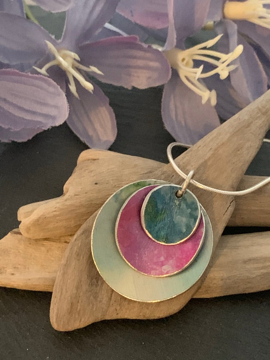 Water colour collection - hand painted aluminium pendant, teal and pink