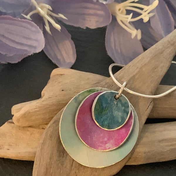 Water colour collection - hand painted aluminium pendant, teal and pink