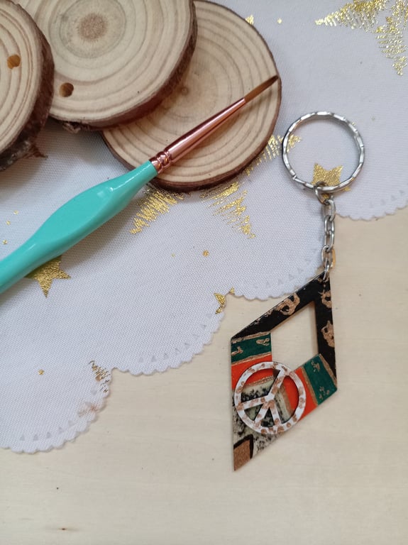Wooden diamond shaped peace keyring 