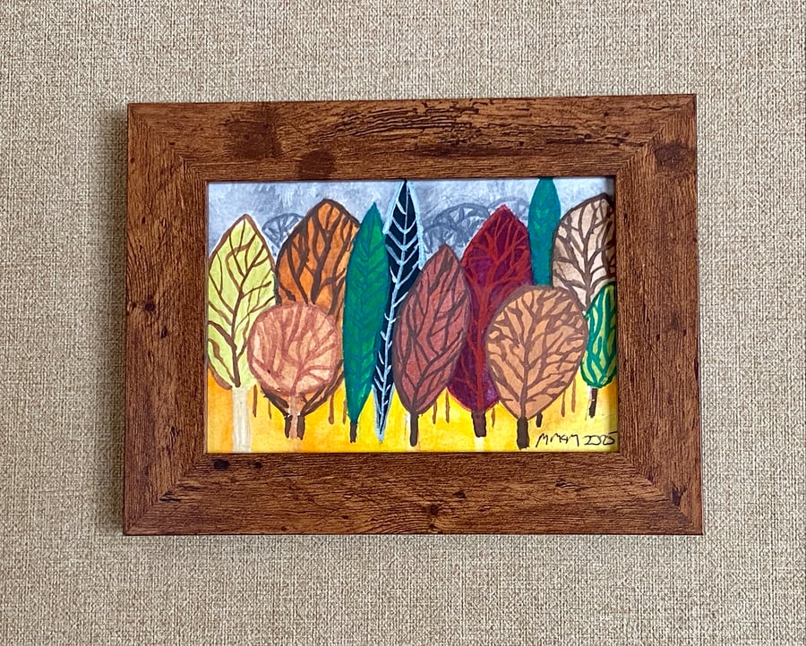 Folk Art Style Abstract Tree Watercolour in Dark Wood Effect Frame.