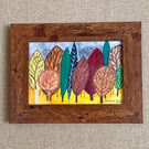 Folk Art Style Abstract Tree Watercolour in Dark Wood Effect Frame.