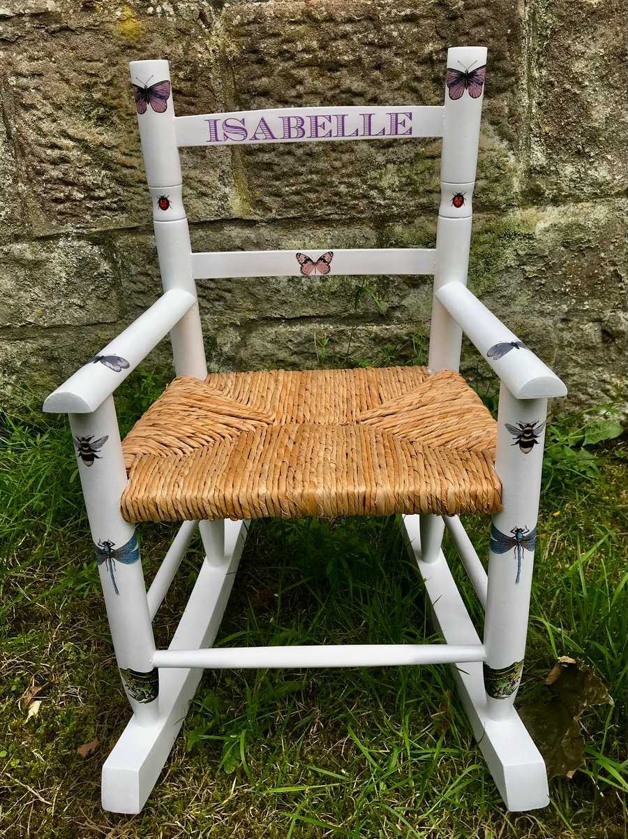 Rush seat personalised children's rocking chair - Insect field  style theme 