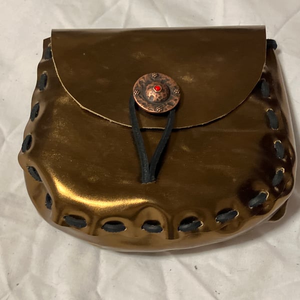 Pouch: Bronze coloured Leather Medieval Style W Red Shield Closure FREE SHIP