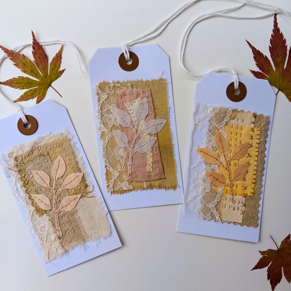 Set of 3 Gift Tags with Embroidered Autumn Leaf Collages