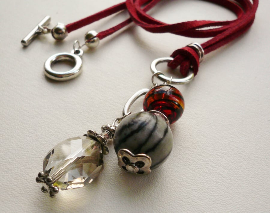 Smokey Grey Jasper and Red Glass Beaded  Silver  Cluster Necklace  KCJ167