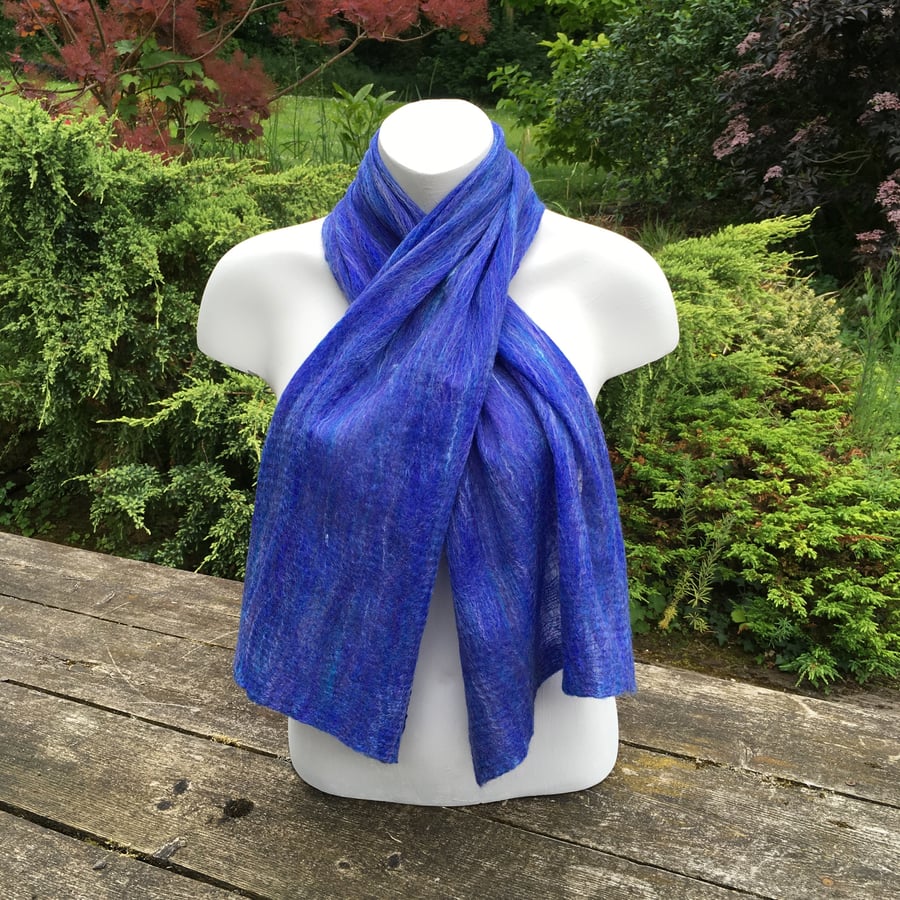 Merino wool scarf, nuno felted on silk chiffon in blue shades