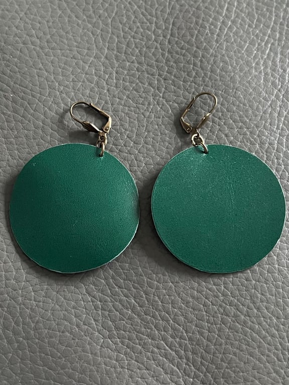 Green Leather Circle Earrings - Hand Cut Lightweight Leather Boho Earrings 