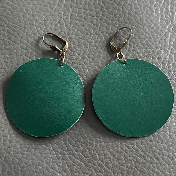 Green Leather Circle Earrings - Hand Cut Lightweight Leather Boho Earrings 