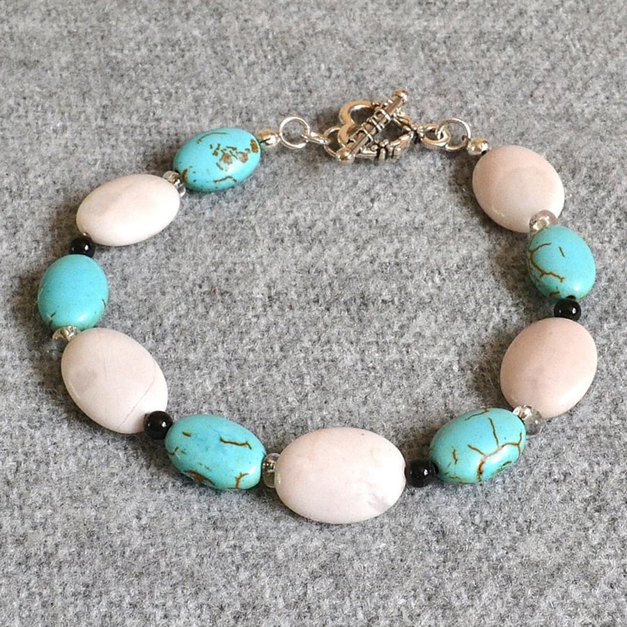 Turquoise and Cream Oval Stone Bracelet, with Black and Clear Accent Beads