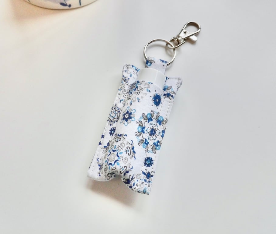 Key ring lip balm holder in blue and white fabric keyring 