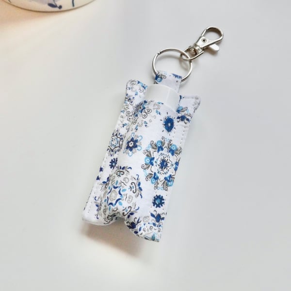 Key ring lip balm holder in blue and white fabric keyring 