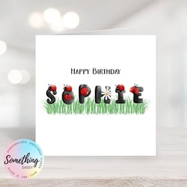 Girls Ladybird Name Birthday Greetings Card Personalised  with any text