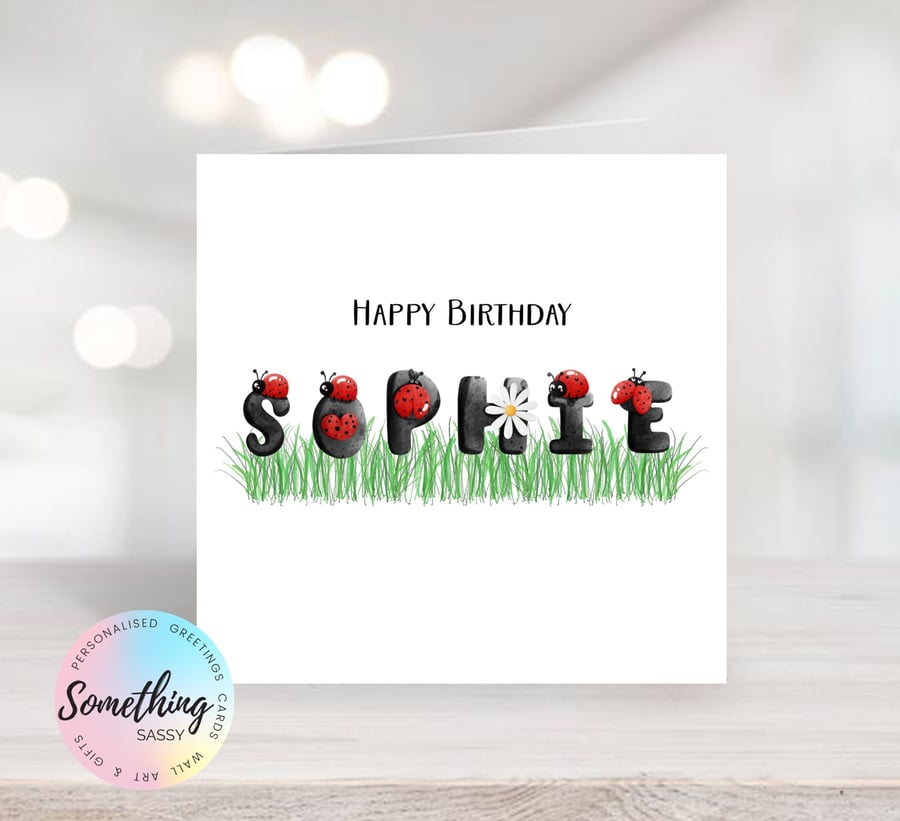 Girls Ladybird Name Birthday Greetings Card Personalised  with any text