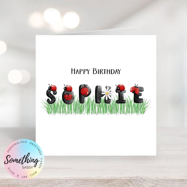 Girls Ladybird Name Birthday Greetings Card Personalised  with any text