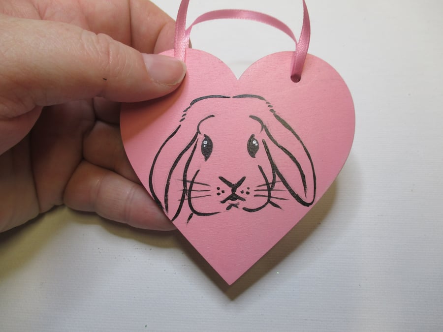 Small Bunny Rabbit Line Painting Hanging Wooden Heart Decoration Pink