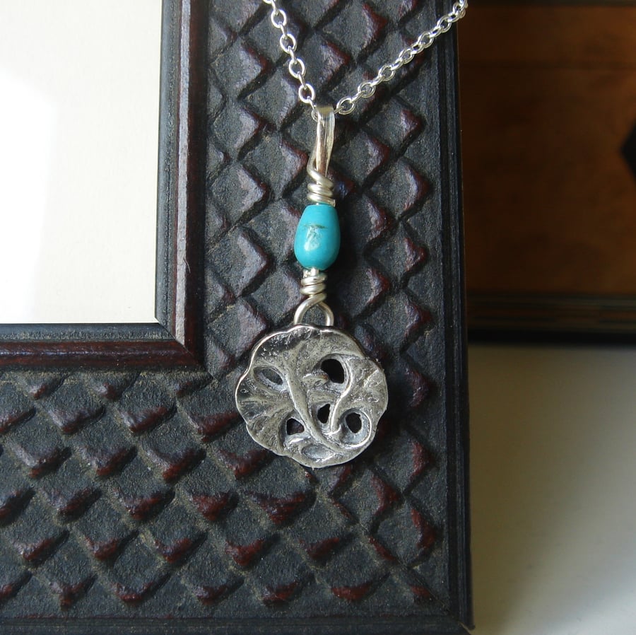 Fine Silver Pendant Hand Cast From an Art Nouveau Button With Turquoise Gemstone