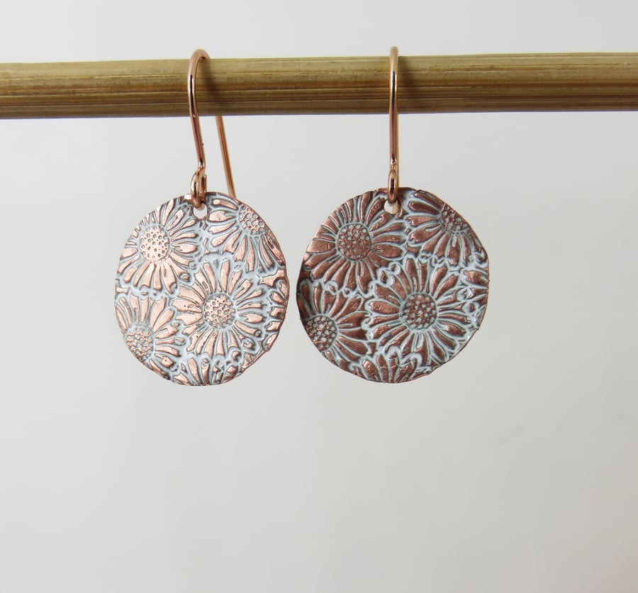 Enamel and Repeated Daisy Textured Copper Dangle Earrings